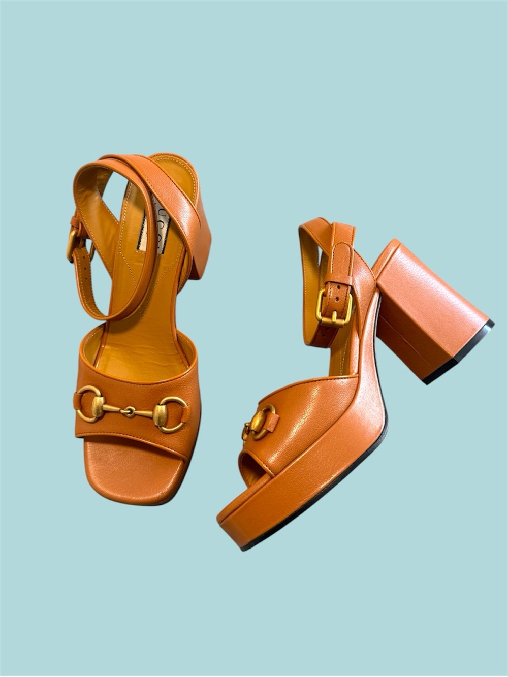 Gucci Tan Leather Block Heel Sandals with Gold horsebit